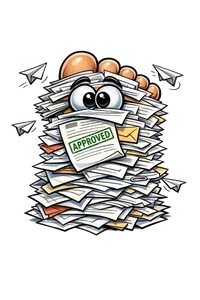 Cartoon foot buried under insurance paperwork