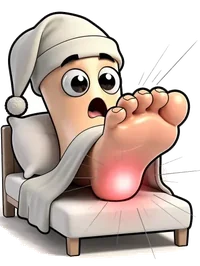 Cartoon foot jolted awake by heel pain at night