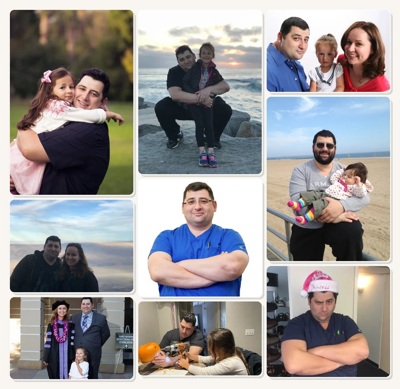 Dr. Grigoriy Patish — en uniforme médico, con su familia en la playa, en una graduación y en casa con sus hijos