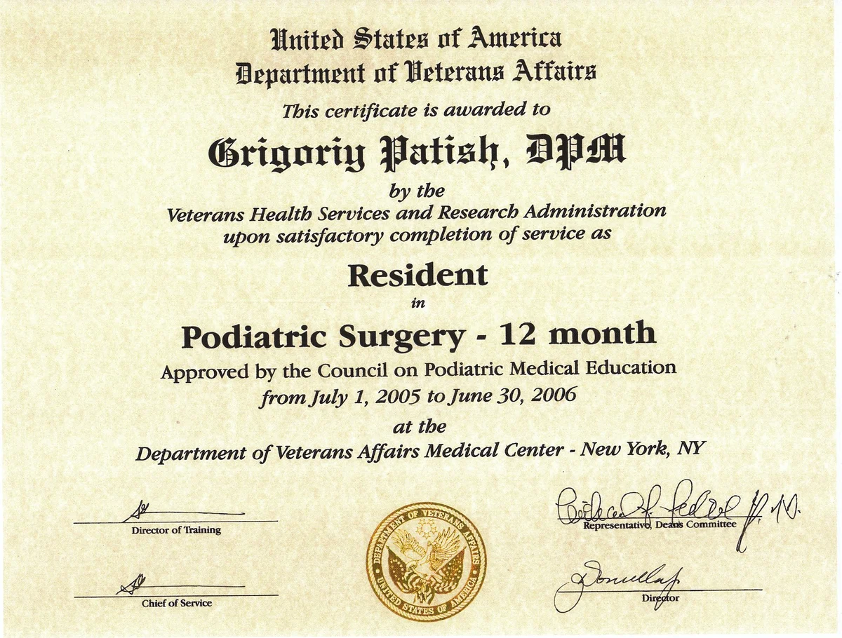 Certificado de Residencia en Cirugía Podológica — VA Medical Center, Nueva York