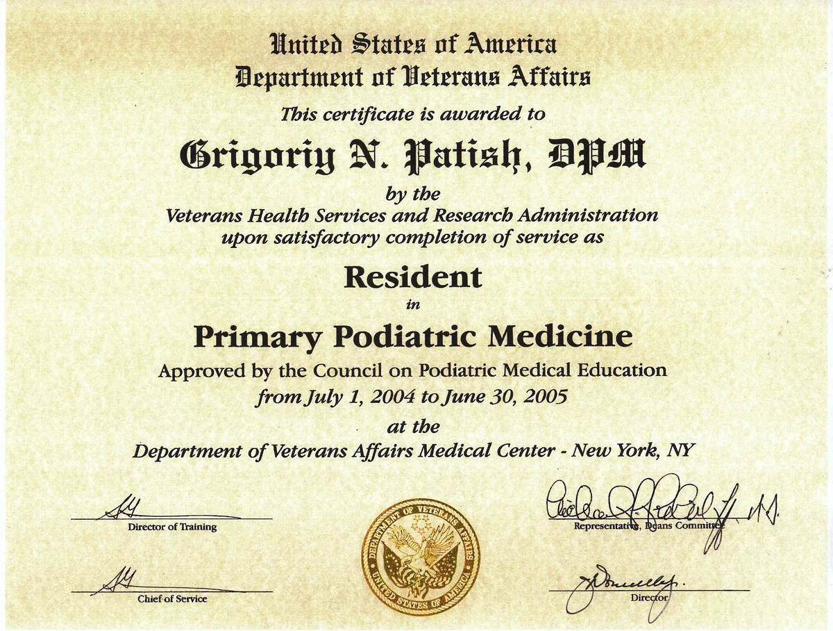 Certificado de Residencia en Medicina Podológica Primaria — VA Medical Center, Nueva York