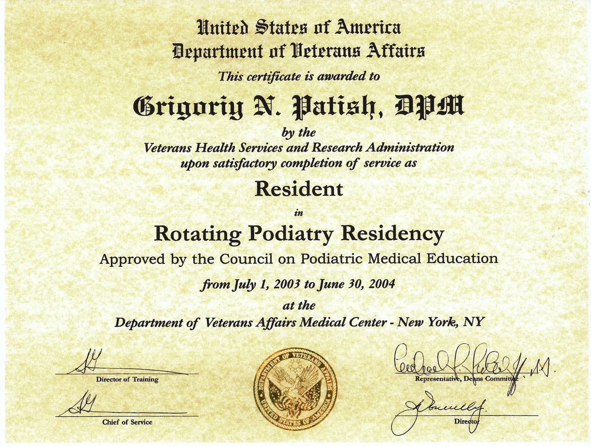 Certificado de Residencia Podológica Rotativa — VA Medical Center, Nueva York